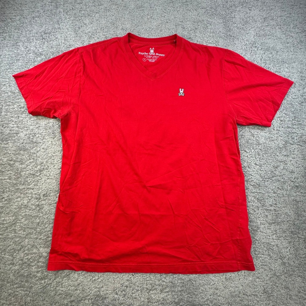 Psycho Bunny Mens Red V Neck T Shirt Bunny Skull‎ Logo Size 8 XXL Pima Cotton